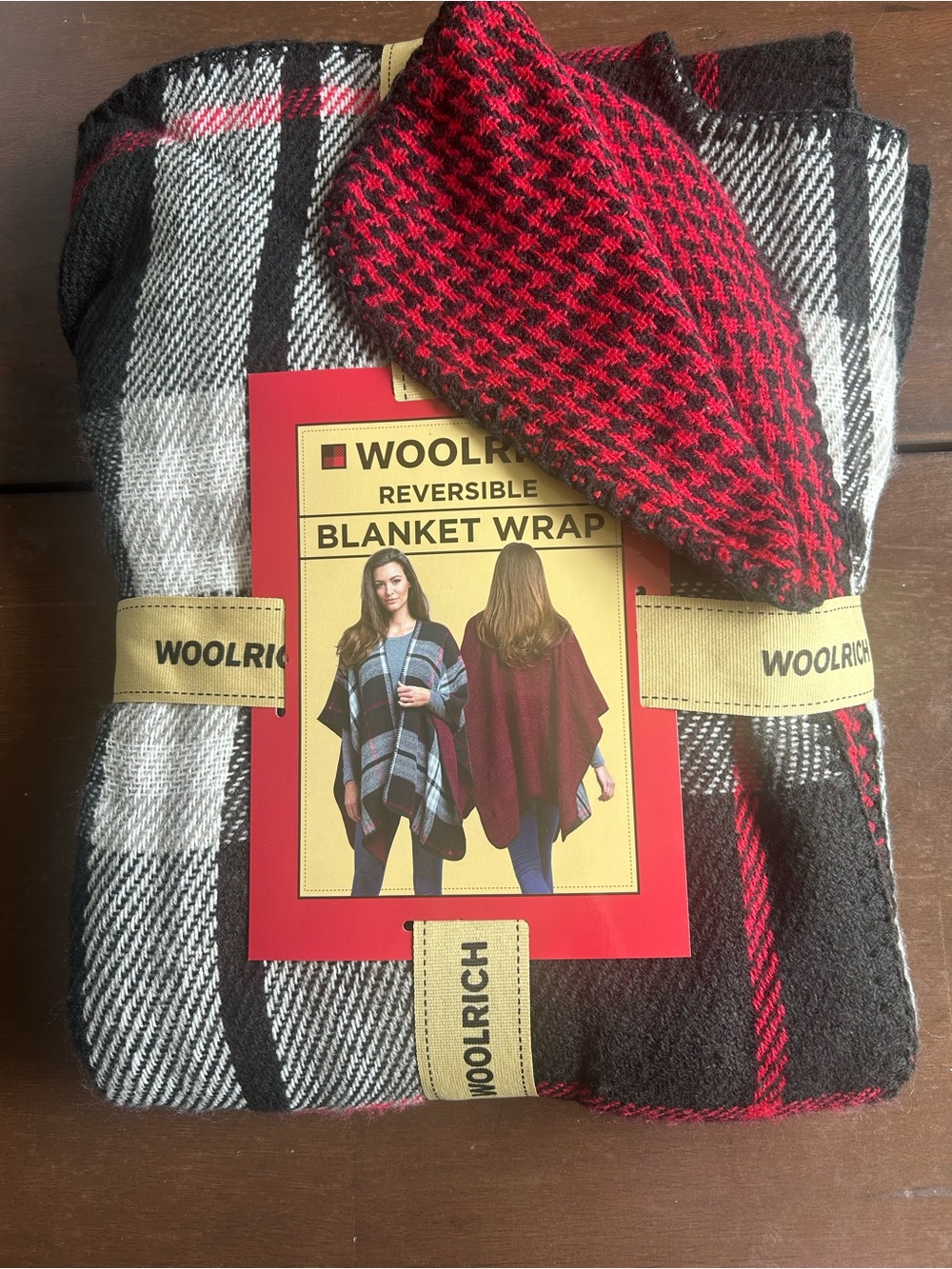 Woolrich Black, Gray & Red Plaid and Houndstooth Reversible Blanket Wrap